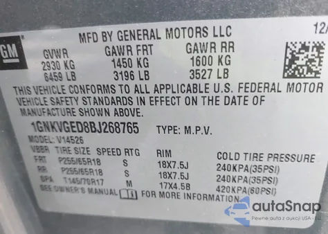 2011 Chevrolet Traverse 1Lt z USA, uszkodzony, nr VIN 1GNKVGED8BJ268765